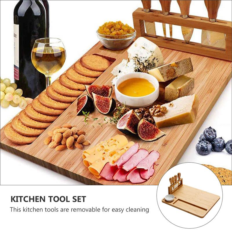 Tabla de bambú para queso, tabla de corte de madera con cuchillos de acero inoxidable, rebanador de queso, cuchara de horquilla, cortador, herramientas de cocina