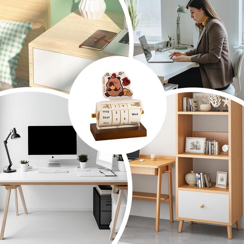 Rotary Perpetual Calendar Wood Decor Tabletop Capybara Calendar Wheeling Calendar Month Week Day Date Display For Home Office