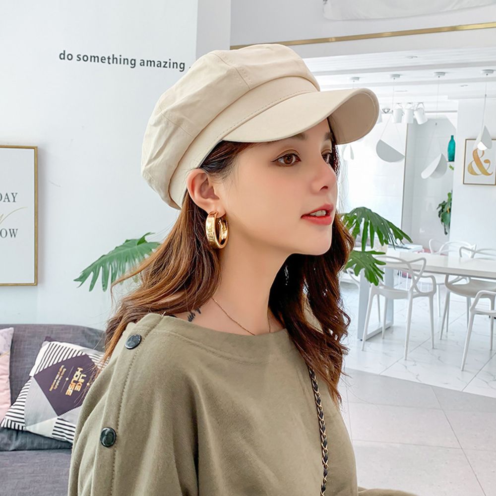 Mode Vrouwen Hoeden Achthoekige Platte Cap Elegante Dames Lente En Herfst Katoen Marine Hoeden Baretten Meisjes Effen Kleur Baret Hoeden: beige