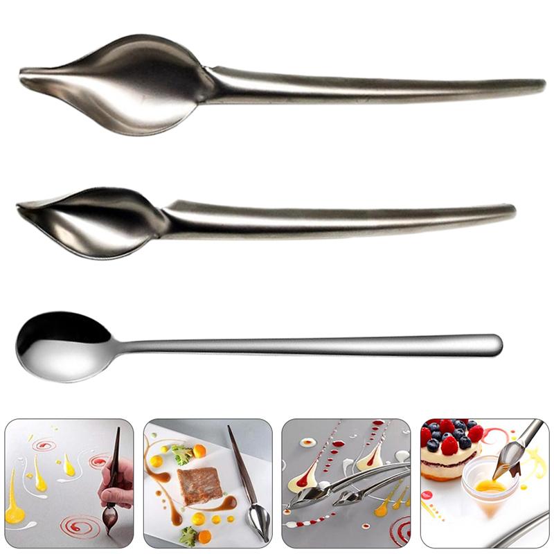 Cucchiai Saucier in acciaio inossidabile 3 pezzi cucchiai di cioccolato disegno decorare cucchiai da immersione cucchiaio di salsa francese (argento)
