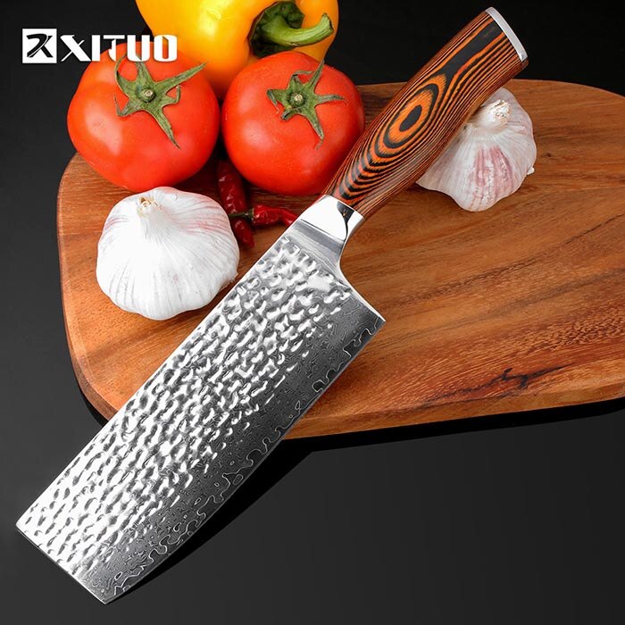 Xituo 7 + 8 "Inch Japanse Keuken Messen Damascus Staal Gesmeed Koksmes Houten Handvat Japan Staal Santoku Cleaver utility Messen: Cleaver knife