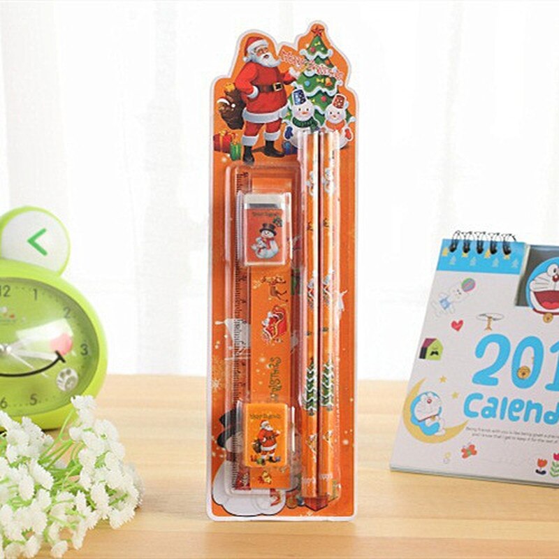 5pcs/set Christmas Series Kids Stationery Students Ruler Pencil Eraser Pencil Sharpener Kit School Rewards Supplies