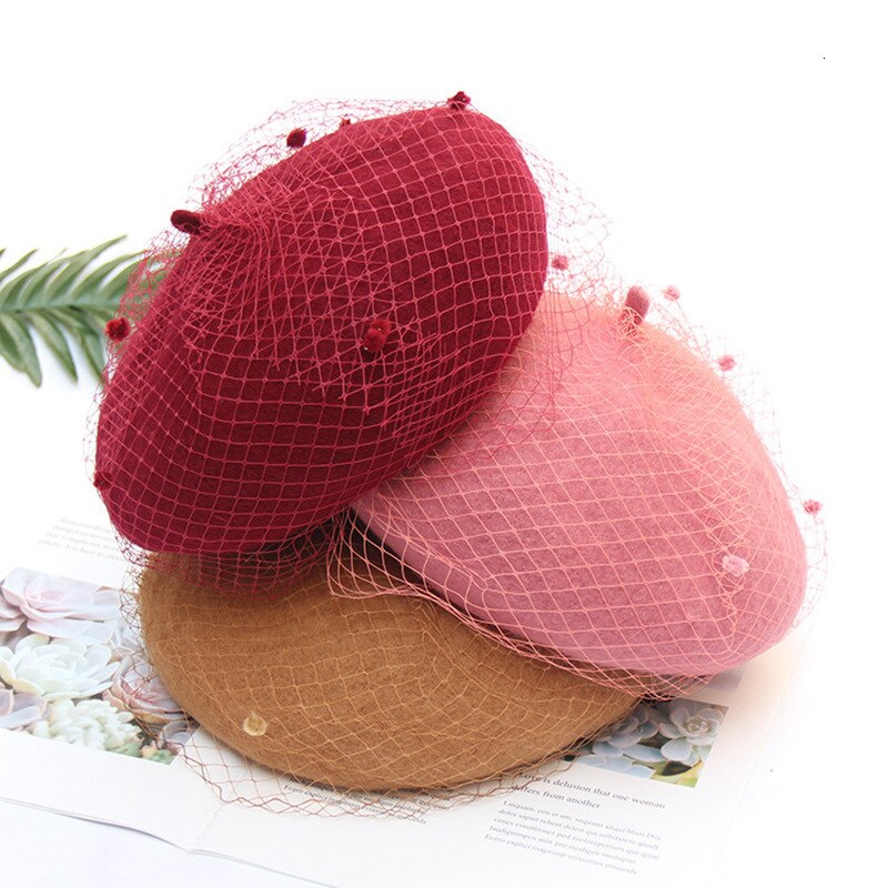 Boina de malla para mujer, gorro de pintor Camel, gorros Vintage con velo, gorro de invierno suave para artista francés, boina