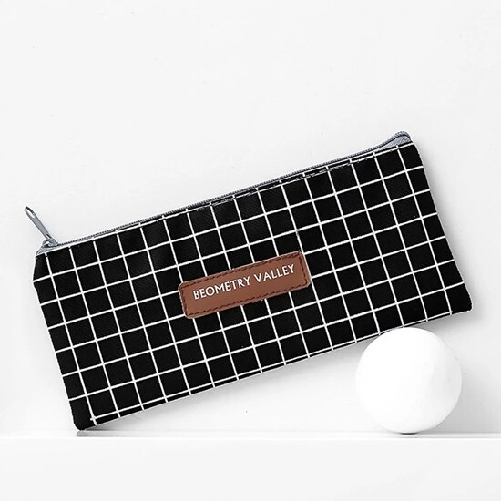 Wave Point Grid Girls Student Pencil Case School Pencil Case for Girl Boys Stationery Canvas Black Pencil Bag Box estojo escolar: C Black plaid