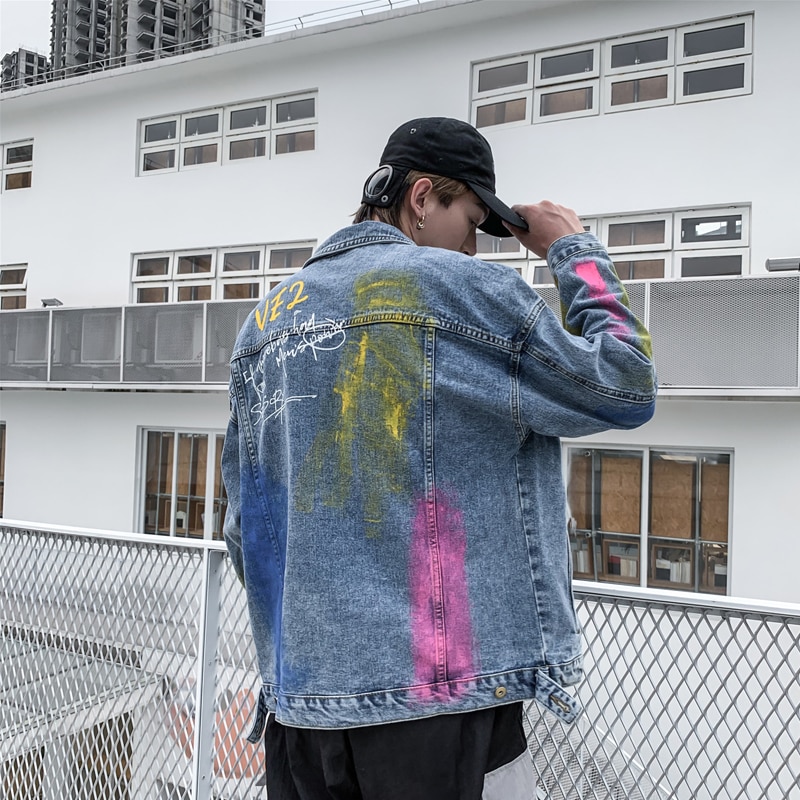 Hand Verf Rainbow Graffiti Vlam Print Denim Jassen Streetwear Hip Hop Casual Bomber Jean Jacket Jassen Tops