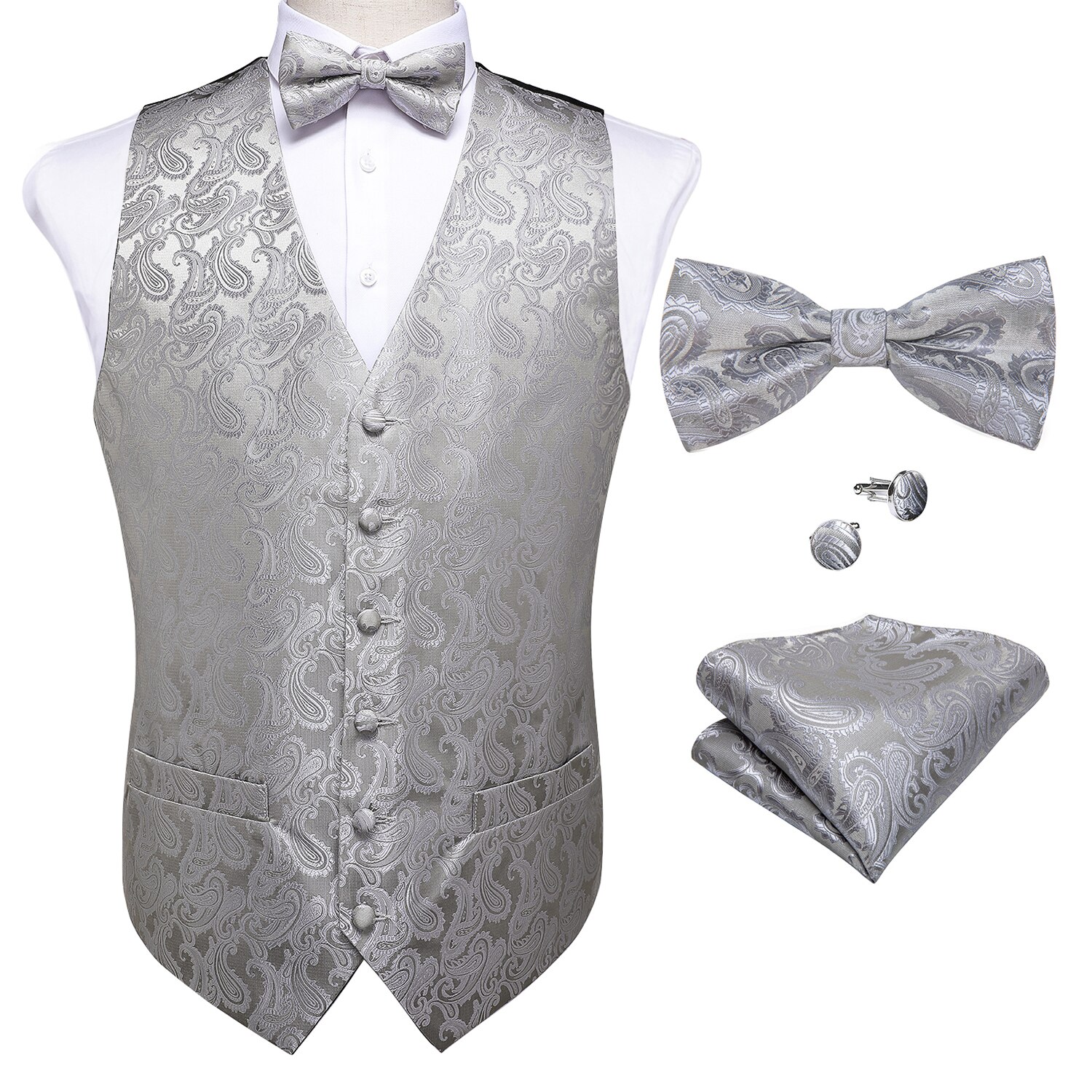 Herre sølv paisley kjole Vest silke Vest formell paisley bowties mansjettknapper lomme firkantet sett røyking mannlige j -110 dobby