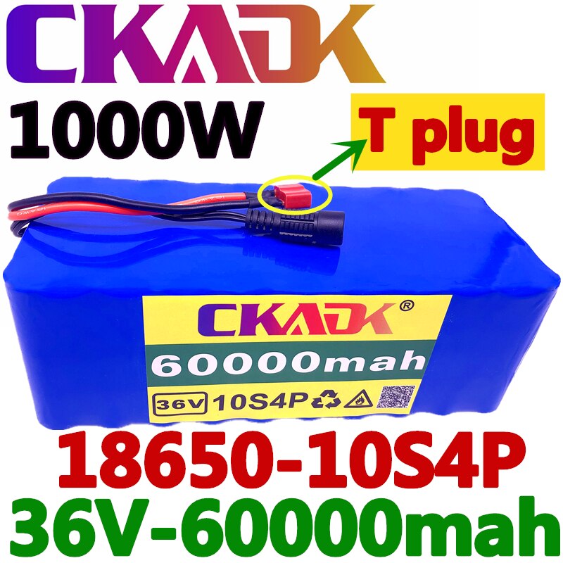 100% CKADK 36V Battery 10S4P 36V 60Ah Battery 1000W High Power Battery 60000mAh Ebike Electric Bike