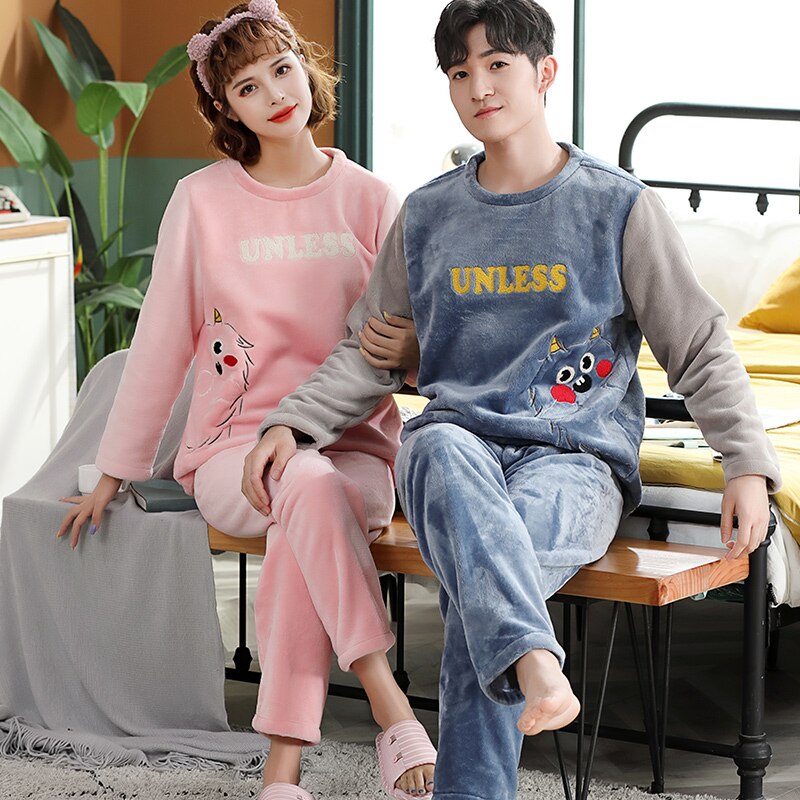 Coral couple pyjamas men and women autumn/winter long sleeve less plush home suit thickened