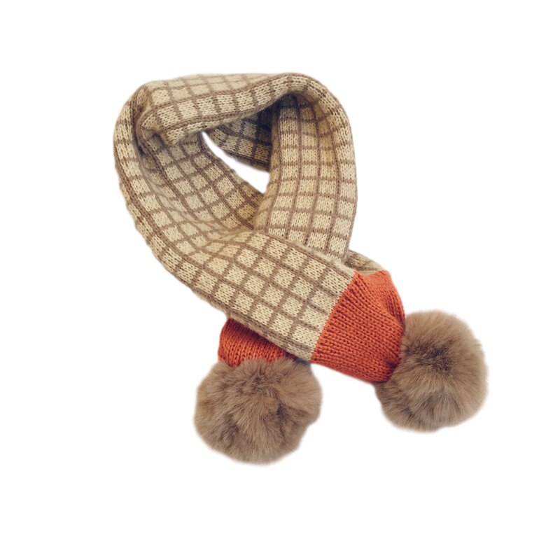 Écharpe tricotée à pompon en fausse fourrure pour enfants, écharpe d&#39;hiver à carreaux pour garçons et filles, cache-cou, accessoires pour bébés: F