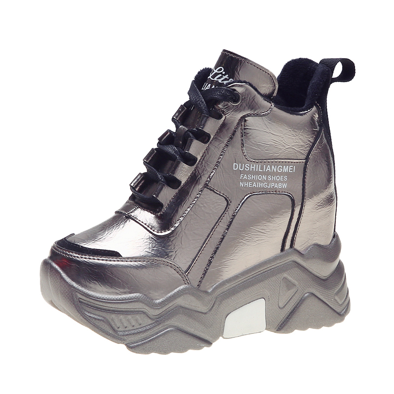 Højbund kvinder støvler sne varme vinter sneakers pu metal sølv støvler botas damer højde stigende 10cm platform støvler mujer: Sølv / 4