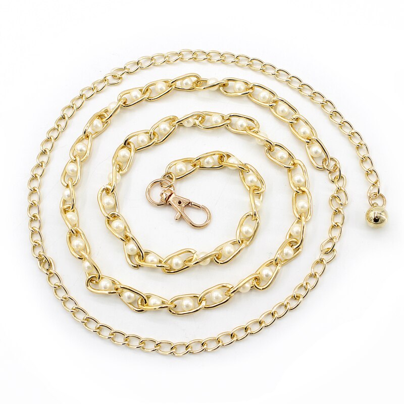 Cinturón de cadena de cintura estrecha con perlas de imitación para mujer, accesorios para vestido de tirantes, 9 colores: white