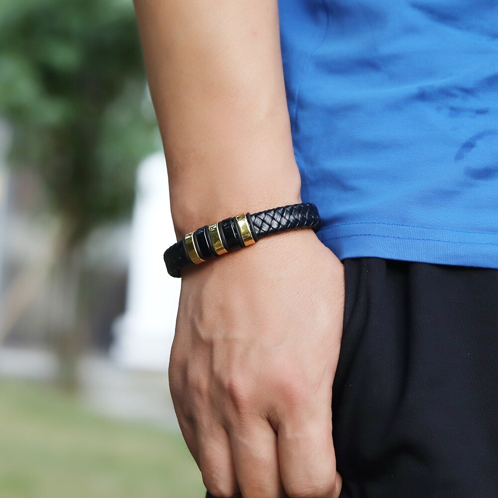 Pulseras de cuero negro de acero inoxidable, pulsera tejida, cuentas de acero y titanio, abalorios magnéticos, brazalete, joyería Punk informal