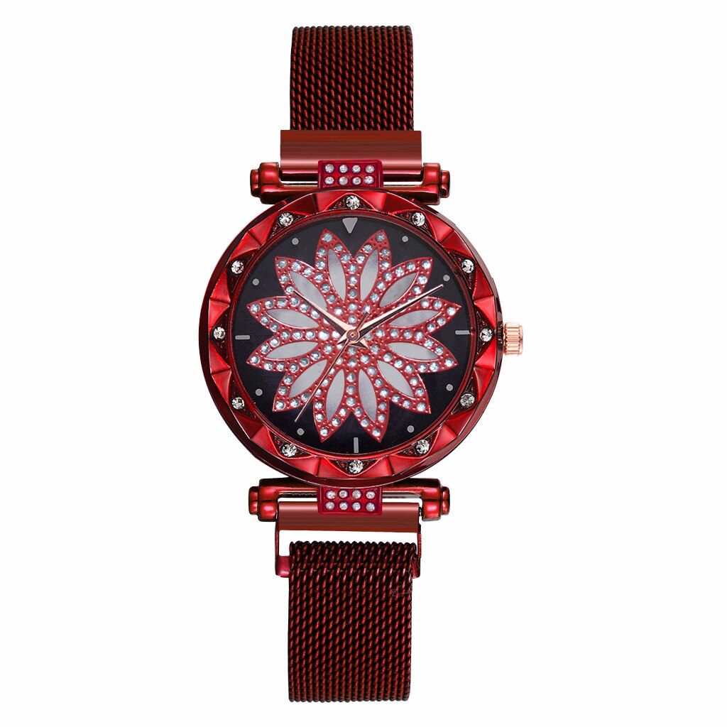 Dam magnet spänne stjärnhimmel blomklocka lyx dam strass kvarts klocka klocka relogio feminino: Röd