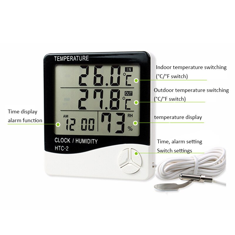 Lcd digital vækkeur temperatur luftfugtighedsmåler indendørs udendørs hygrometer termometer hukommelse vejrstation htc -1 htc -2: Htc -2