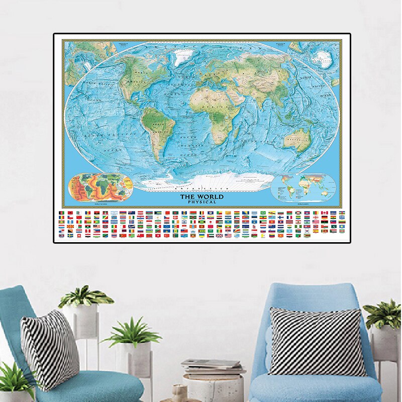 Mapa físico del mundo con banderas nacionales, mapa impermeable no tejido con clima mundial y Tectonics