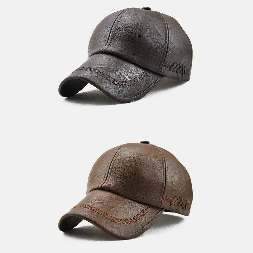 Justerbar forår vinter pu læder baseball caps til mænd solid pu læder herre kasket udendørs snapback hat sort brun vævet indretning