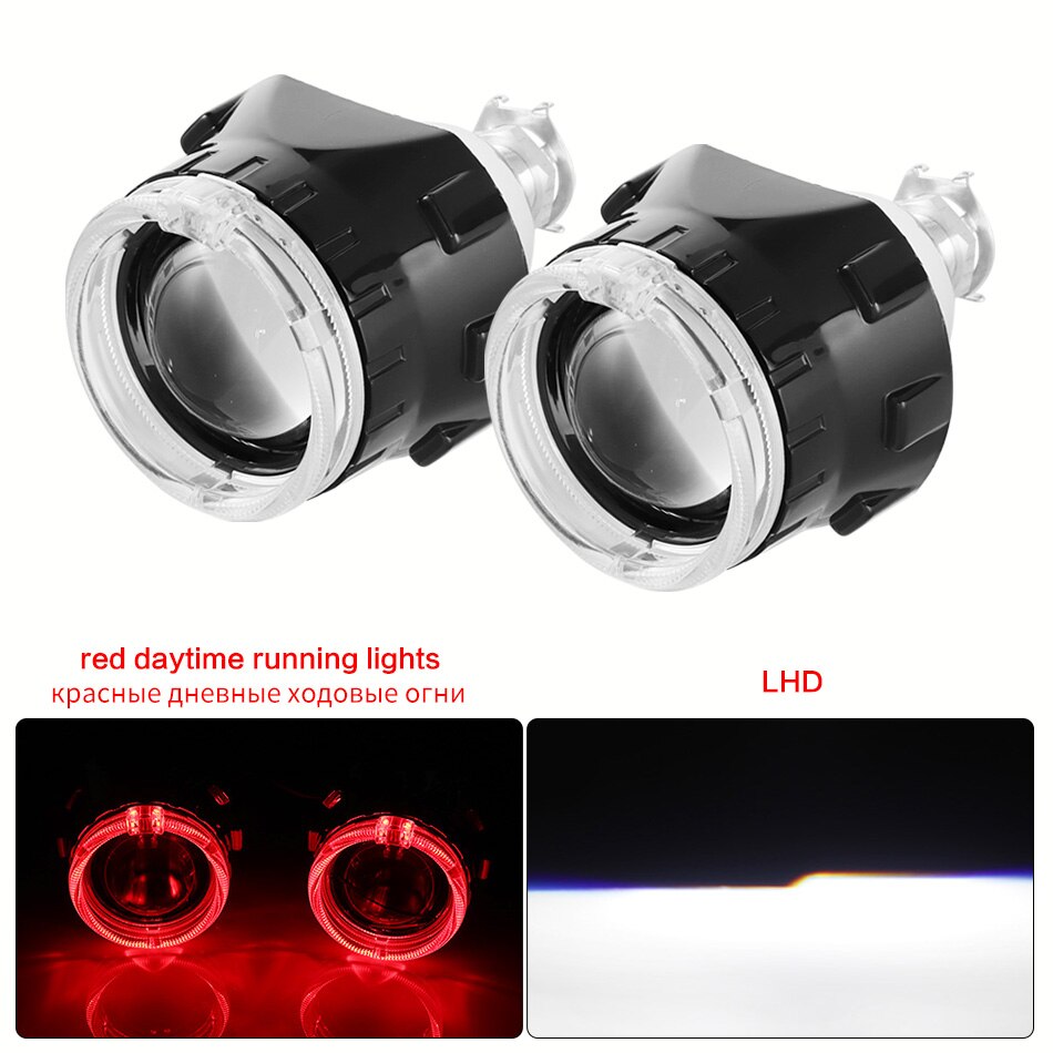 Aileo 2x 2.5 tommer led angel eyes bi-xenon projektor linse kørelys drl  h4 h7 h11 bil retrofit styling brug  h1 lys universal: Sort rød lhd