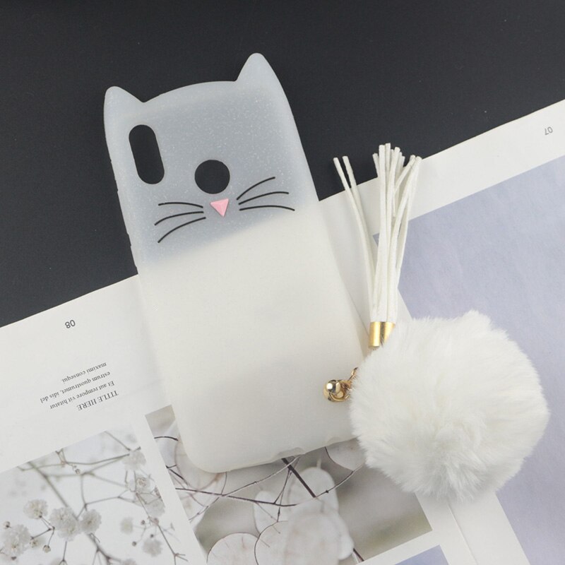 Cute 3D Cartoon Silicon Case for Huawei Honor 10i Cases Japan Glitter Beard Cat Lovely Ears Kitty Phone Cover: HuxuClear With Ball