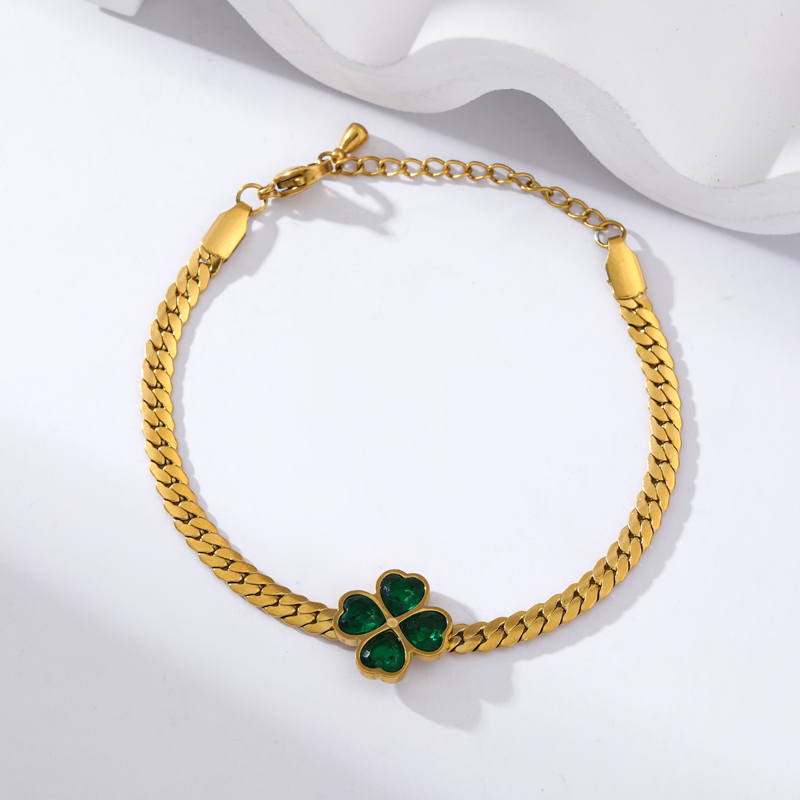 GANEMLY 316L Rvs Groene Kristal Klaver Armband Voor Vrouwen Mode Pols Ketting Waterdichte Sieraden Bijoux
