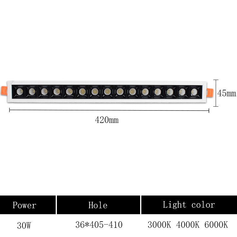 Tira LED Downlight lámpara de techo de rejilla rectangular empotrada 4W 10W 20W 30W AC85 ~ 265V, foco LED para tienda de Decoración de casa: 30W / Cold white
