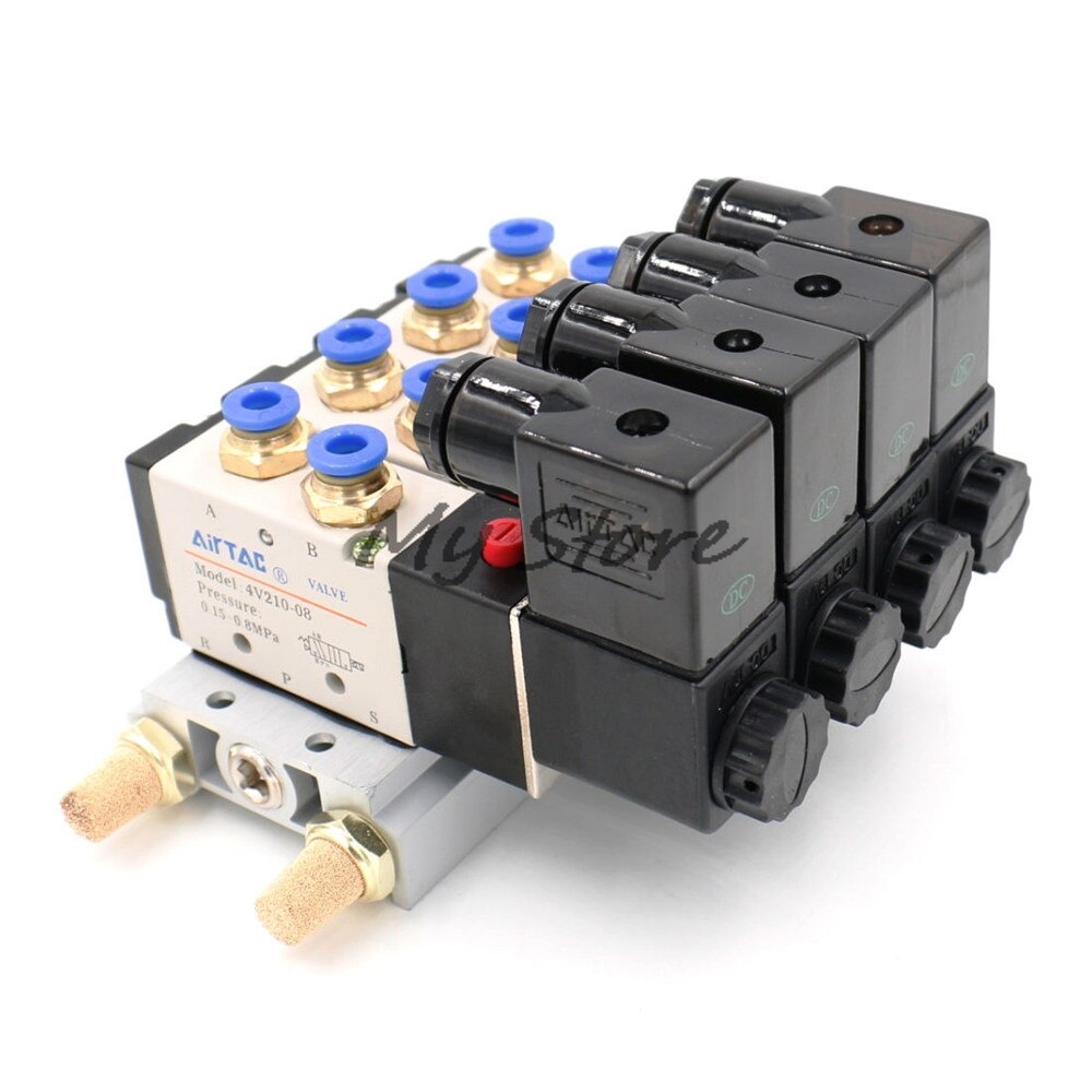 Électrovanne pneumatique à tête unique, 4V210-08 cc12v cc24v AC110V AC220V, 2 positions 5 voies 4 avec raccord de Base