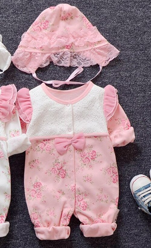 Vêtements de printemps pour -né fille, barboteuse en dentelle florale + chapeaux, ensembles de vêtements de princesse: Pink / 3M