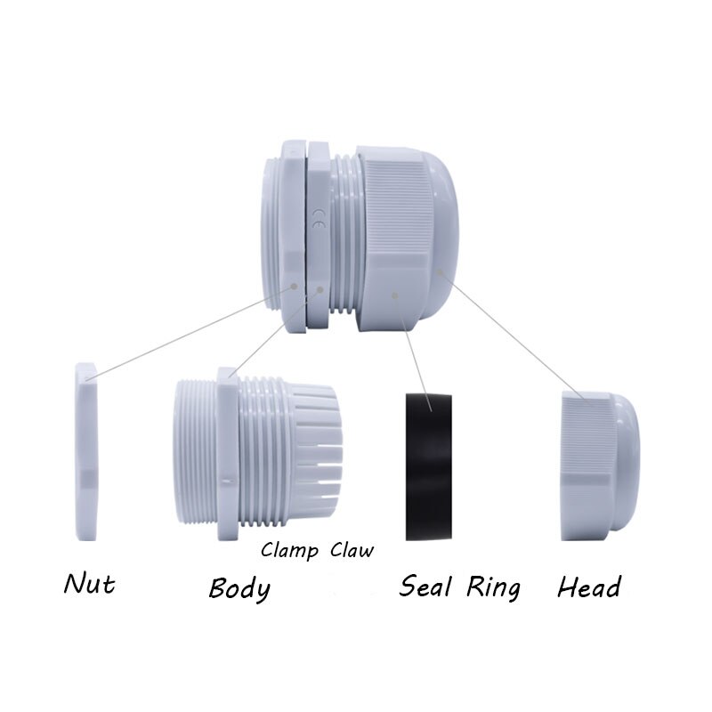 White 10pcs IP68 M12 for 3-6.5mm PG7 M16 M18 M20 M25 M36 M40 M63 Wire Cable CE Waterproof Nylon Plastic Cable Gland Connector
