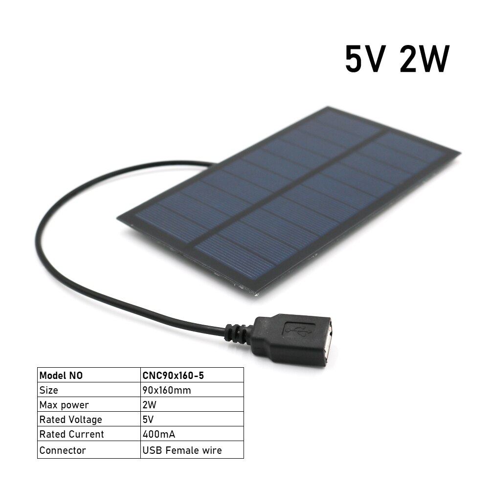 5V 2W 3W 4W 7W Output USB Solar Cell Outdoor 18650 Battery Charger USB Female Port 5 V Charge Regulators Solar Panel: 5V 2W