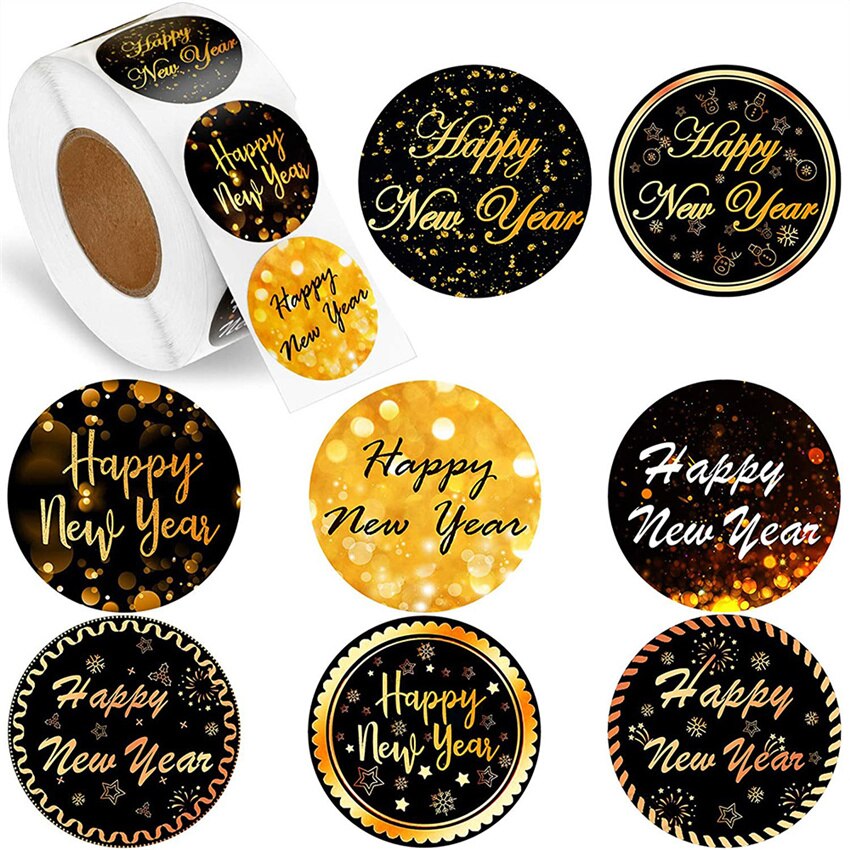 100-500 Stuks Gelukkig Nieuwjaar Stickers 8 Ontwerpen 1.5 &#39;&#39;Ronde Zwarte Goud Labels Stickers Voor Kerstcadeau kaarten Enveloppen Dozen: 3.8cm 500Pcs