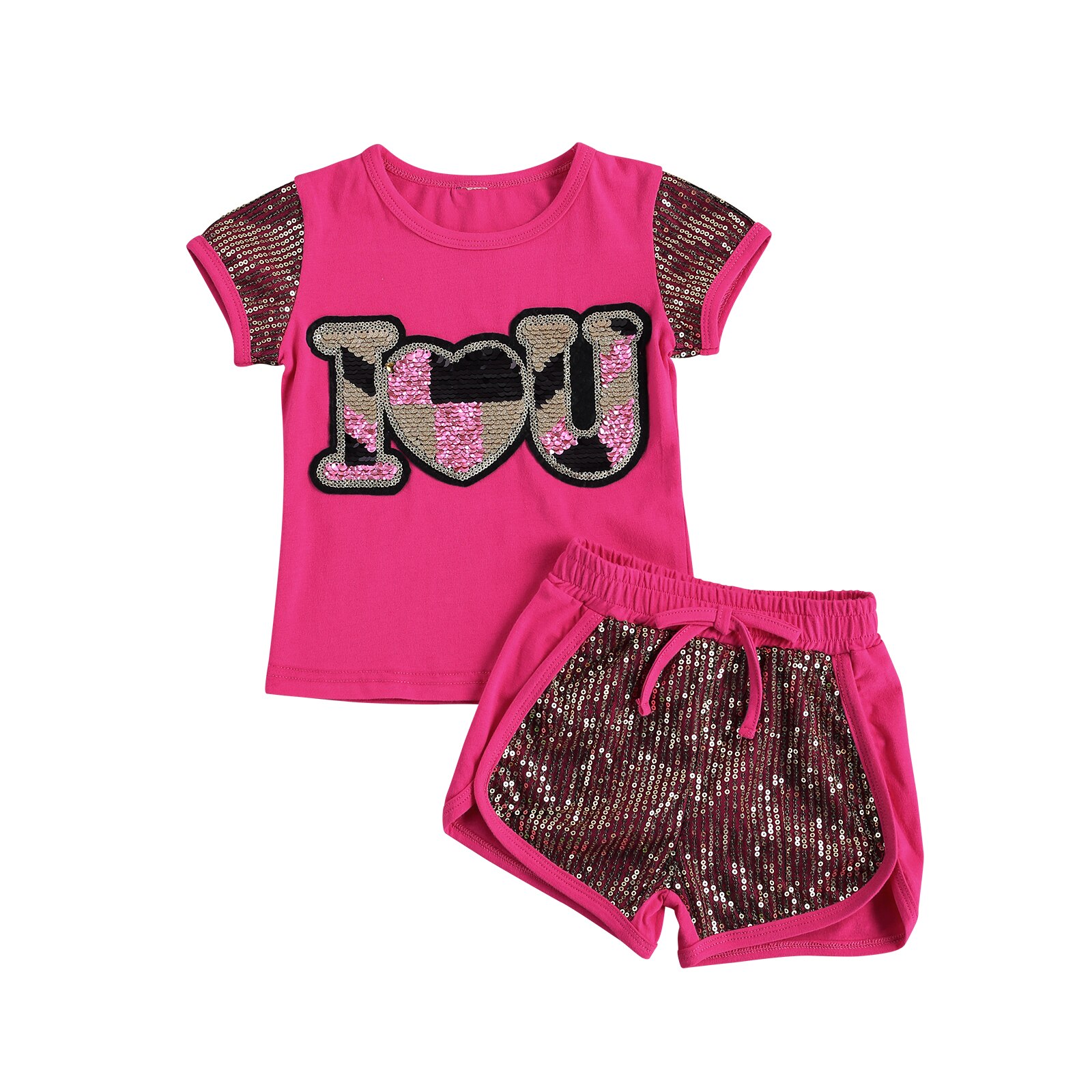 Valentine Kinderen Twee Delige Set, baby Meisjes Pailletten Kleuraanpassing Korte Mouwen Ronde Hals Shirt Baby 'S Shorts Pak 2-7T