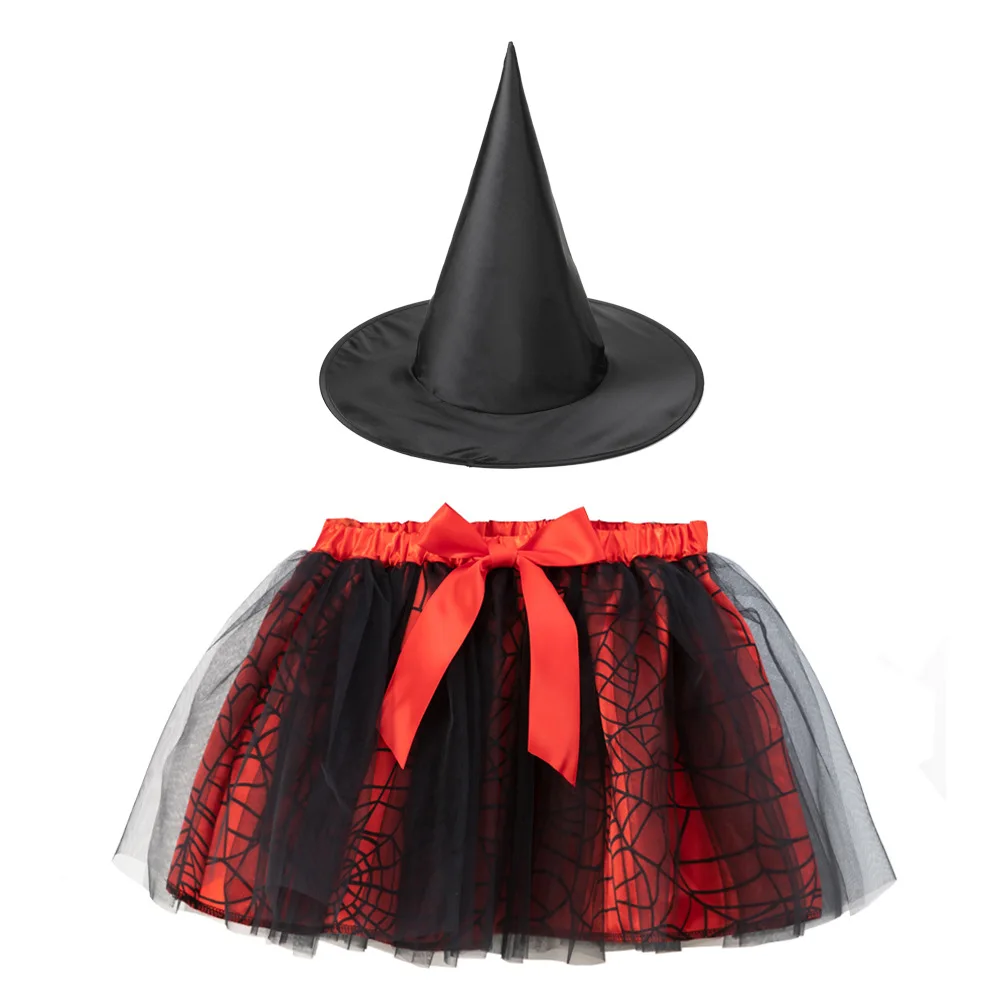Children Girls Halloween Polka Dot Spiderweb Witch Skirt Hat Spider Web Tutu Outfit Party Dress Up Cosplay Costumes Carnival: S / Beige