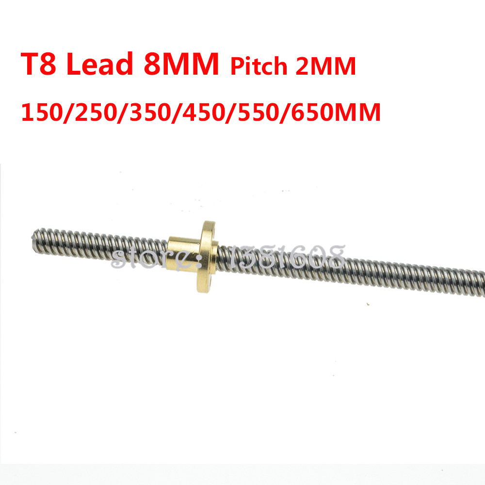 1pc t8 lederskrue  od 8mm stigning 2mm ledning 8mm længde 150/250/350/450/550/650mm med messingmøtrik til 3d printer & cnc