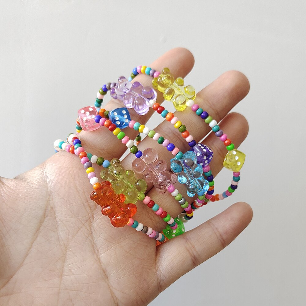 ZX-pulsera con cuentas de resina transparente para mujer, brazalete con cuentas de oso de goma, colorido, étnico, bohemio, , joyería INS