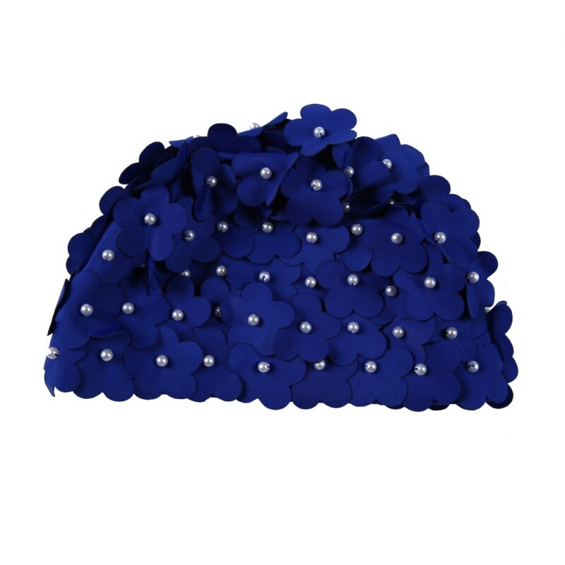 Handgemaakte zwemsportmuts dames parel gestikte bloemen bloemen elastische ademende strandmuts badmuts sportkleding lang haar: Blauw