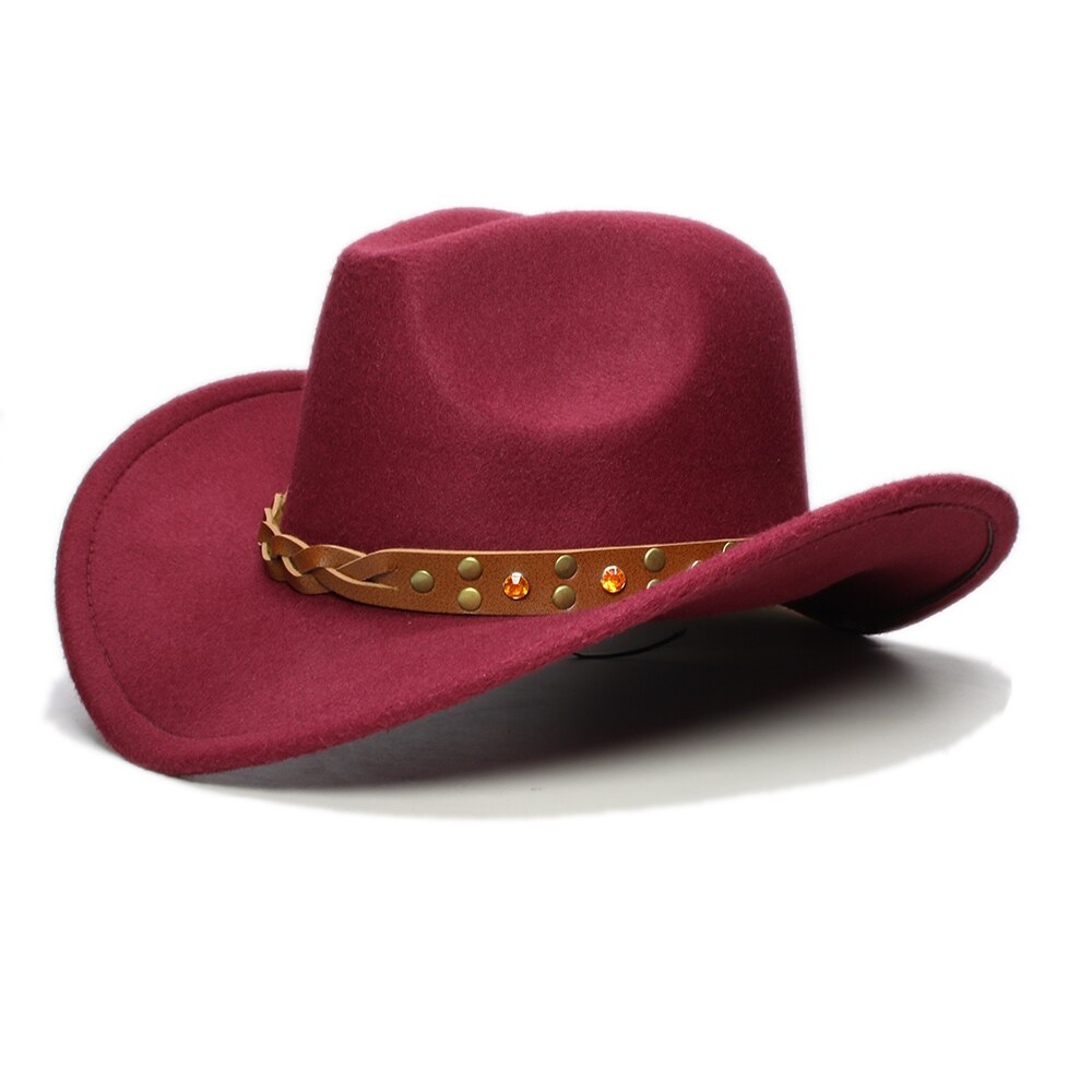 Retro Turquoise Yellow Crystal Band Parent-child Unisex /Kid Wool Wide Brim Cowboy Western Hat Cowgirl Bowler Cap (57cm/54cm): Wine / Adult Size 57cm