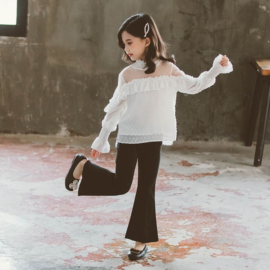 Blouse For Girls Mesh Children's Wihte Shirts For Girl Dot Pattern Girls School Blouse Casual Style Big Girls Clothes: 14