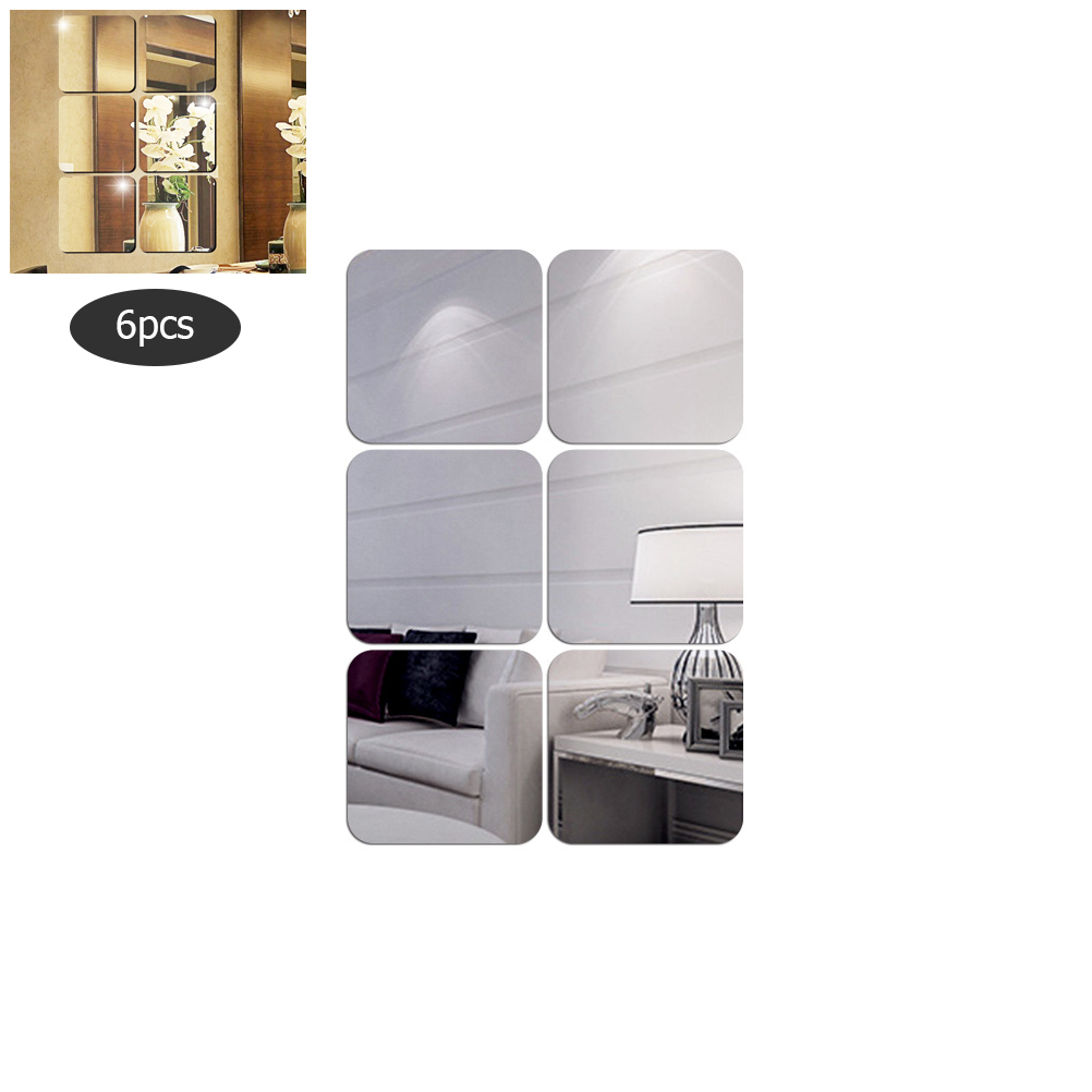 6Pcs Square Mirror Tile Wall Stickers Self-Adhesive 3D Decal Home Decorations DIY Mirror Tiles Stickers For Living Room: Silver