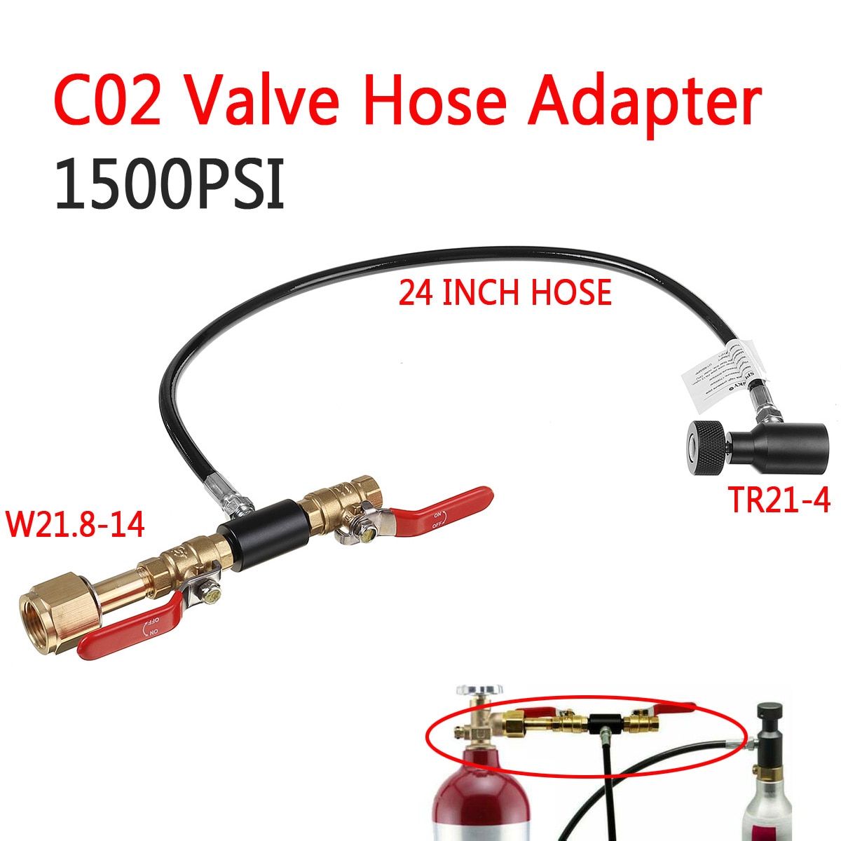 1500 psi  w21.8-14 to tr21-4 stikadapter med 24 tommer slange til  co2 sodavand påfyldningsstation