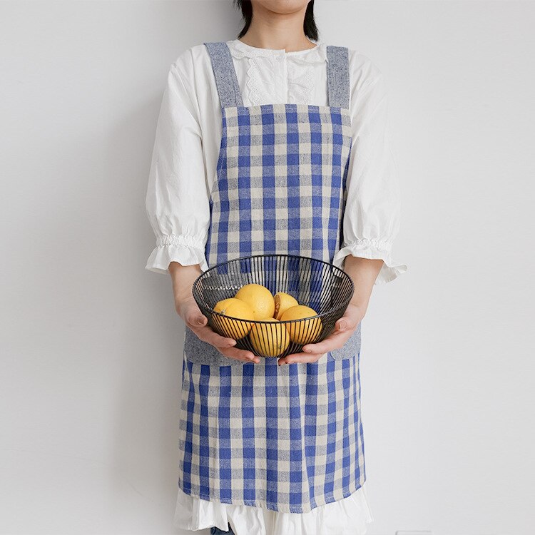 Japanse Stijl Katoen En Linnen Band Denim Rooster Geometrische Patroon Mouwloze Schort Volwassen Keuken Hand-Vegen Pocket Plaid: Blue