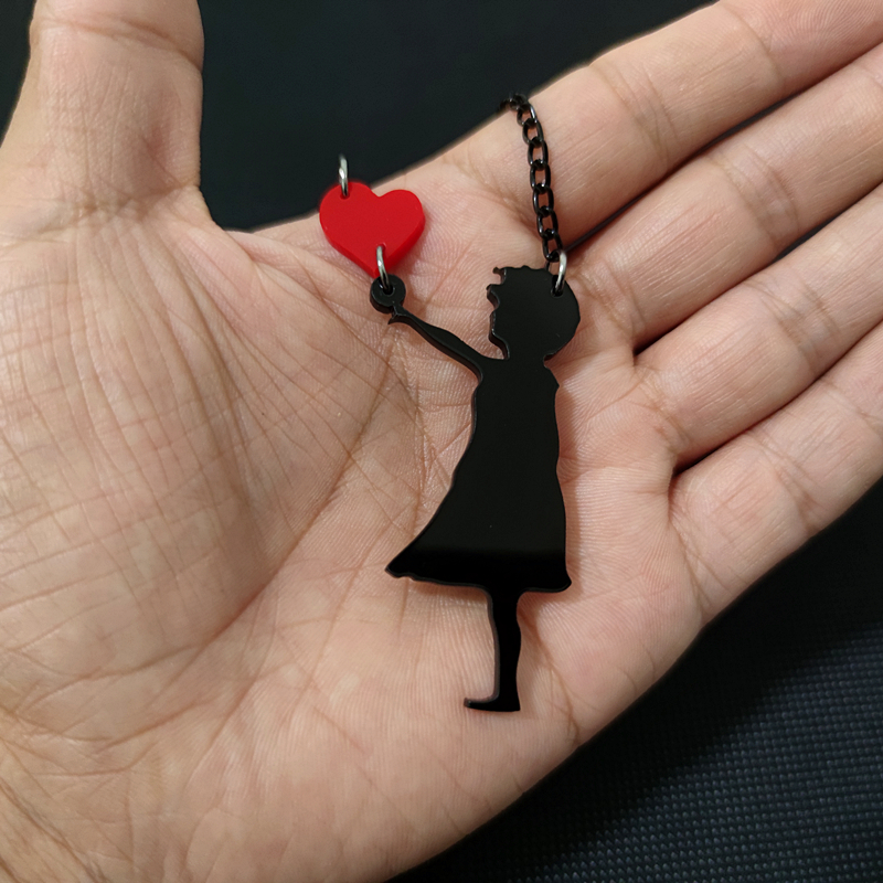Kuguys Het Meisje Met Rood Hart Hanger Ketting Voor Vrouwen Figuur Zwart Silhouet Sieraden Acryl Leuke Accessoires