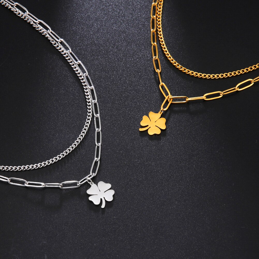 Skyrim-kleeblatt-anhänger-halskette für damen, edelstahl-büroklammer-doppelketten-halskette, schmuck zum muttertag
