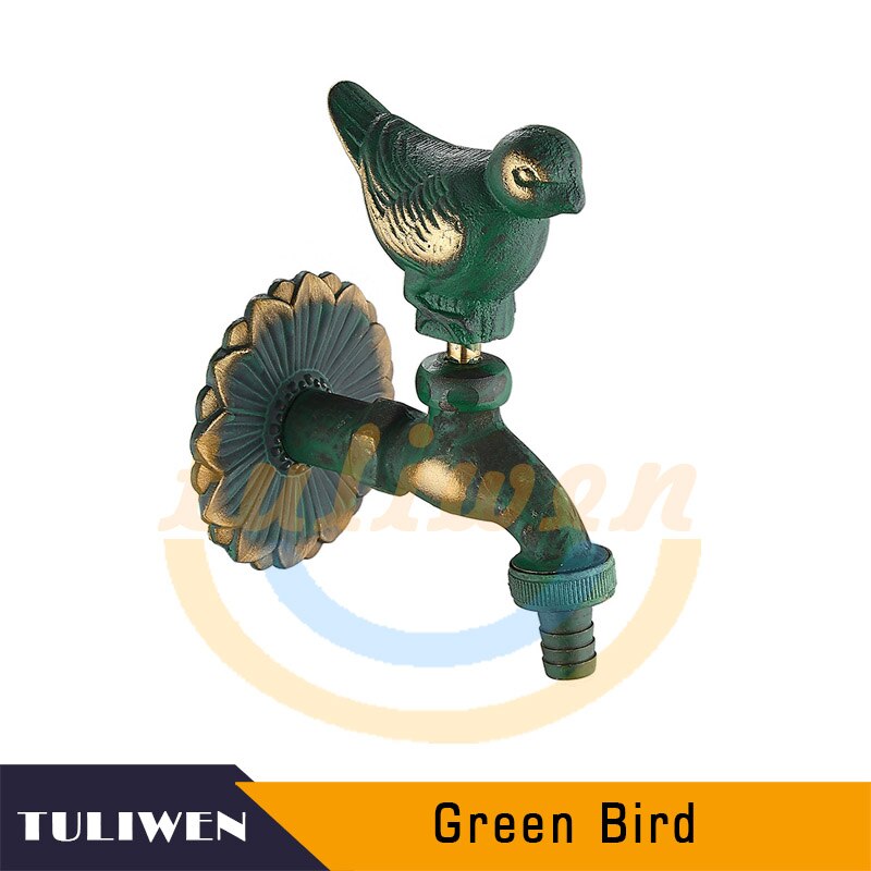 Decorative Antique Brass Garden Outdoor Faucet Cold Water Tap - With a Set of Brass Quick Connecter for 1/2&quot; Inches Hose: Bird-Green