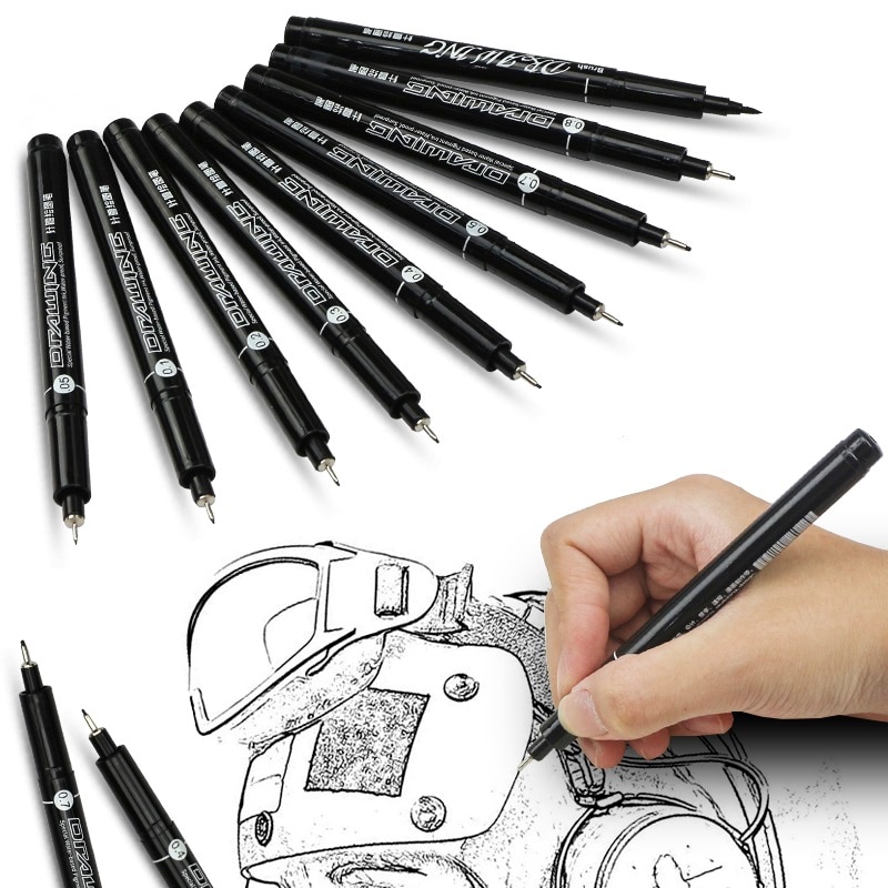 9 stk nålespiss grafisk tegning pennesett mikron finne liner markør skisse pensel kunst vannbasert pigment blekk vanntett  a6150