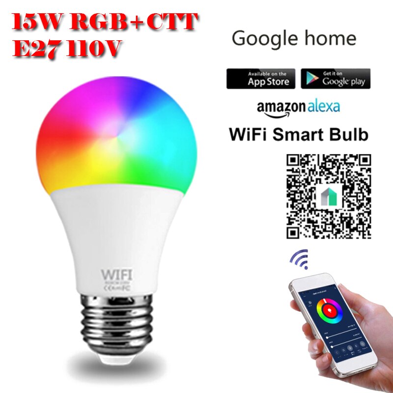 Smart Wifi Led Lamp 15W E27 B22 Led Slimme Lamp Neon Changing Lamp 110-220V siri Voice Control Alexa Google Assistent: 110V E27