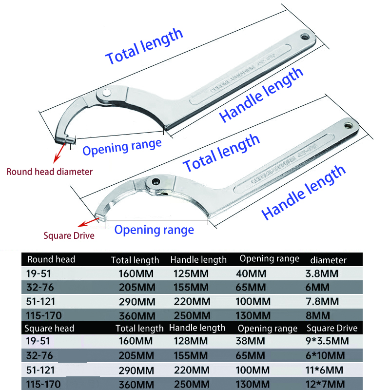 Adjustable Wrench Hook Spanner Square/Round Head CR-V Spanner For Round Bolt Maintenance Dismantling Tools 19-51/32-76/51-120mm