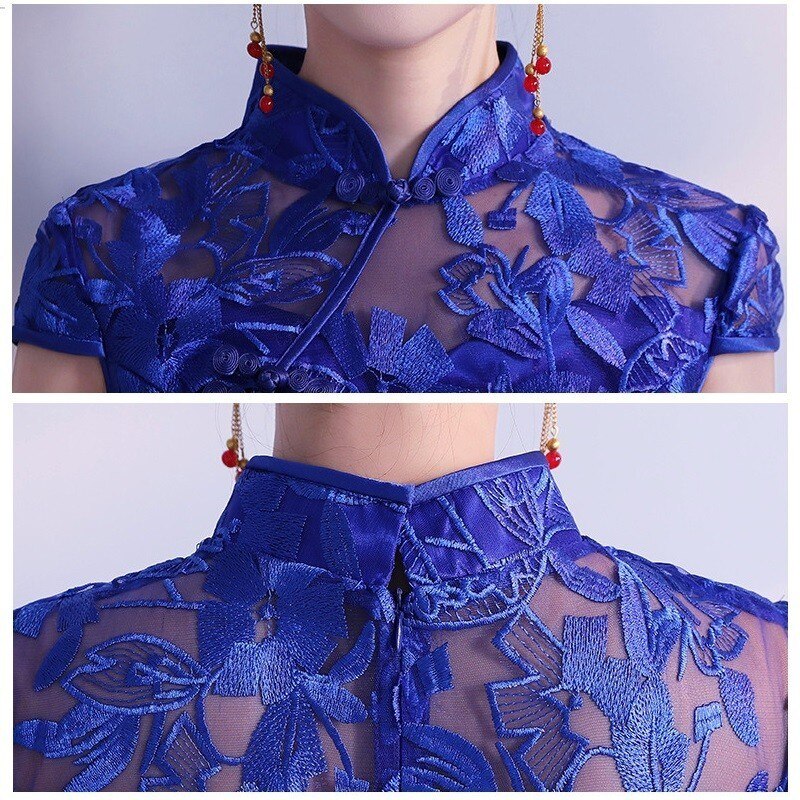 Abendkleid China Cheongsam Spitze Chinesische Kleider Traditionellen Lange Kleider Für Hochzeit Party Blau retro Frauen