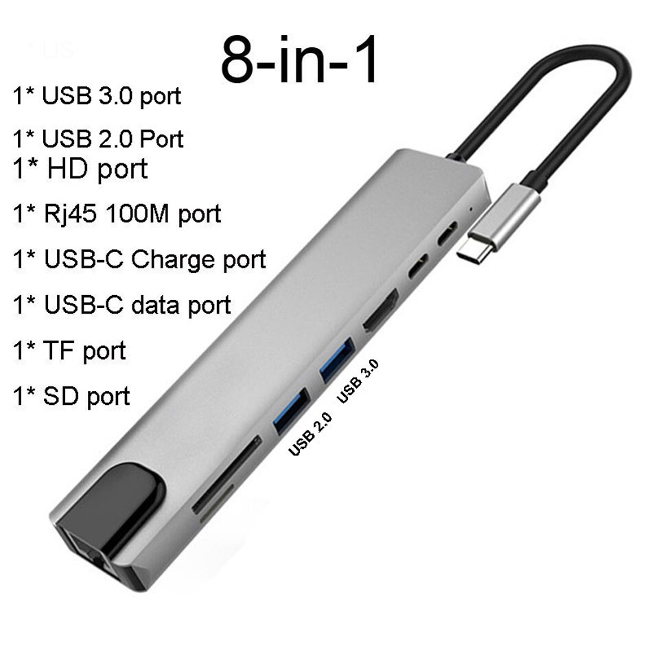 Usbc Hub Type C Tot 4K Hdmi-Compatibel Pd Snel Opladen Usb 3.0 Dock RJ45 Poort Sd/tf Kaartlezer Voor Computer Laptop Pc Hub Adapter: 8 in 1