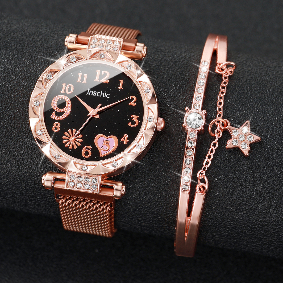 2 Teile/satz Blume Zifferblatt frauen Uhr Magnet Schnalle Gittergewebe Band Quarz Uhren Stern Armbinde einstellen (Ohne Kasten): Bronze-