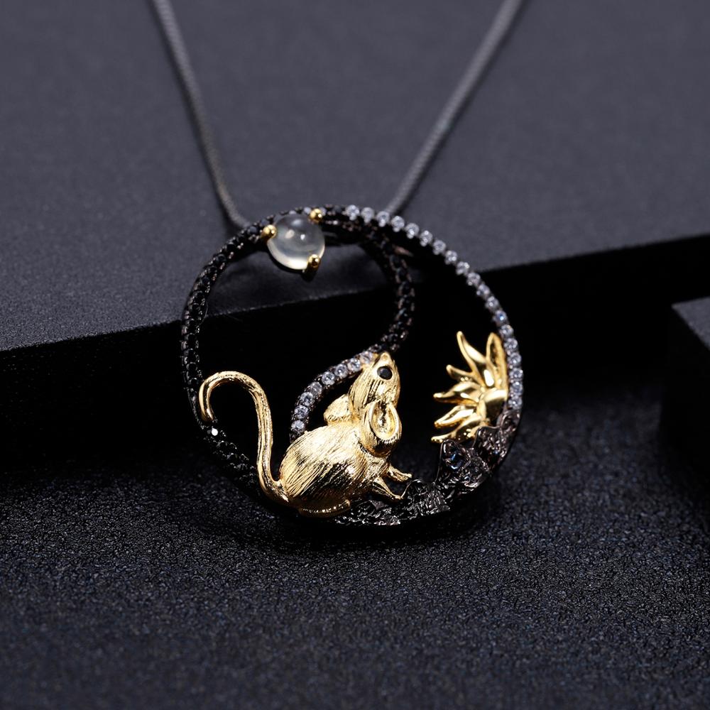 GEM'S BALLET Chinese Zodiac Rat Pendant Necklace For Women Natural African Opal 925 Sterling Silver Yin and Yang Animal Jewelry