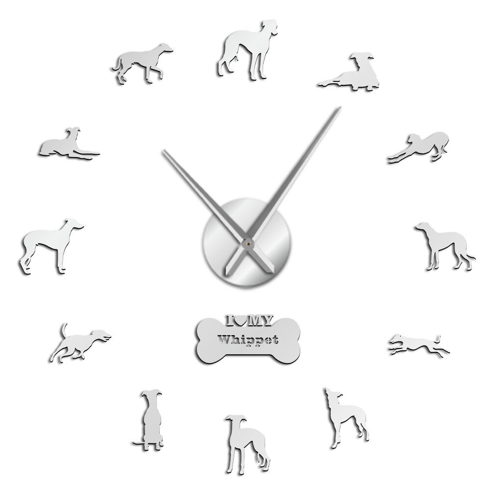Oversized Whippet Dog Portrait 3D Acrylic DIY Wall Clock Italian Greyhound Canine Animal Mirror Effect Wall Stickers Clock Watch: Silver / 37inch